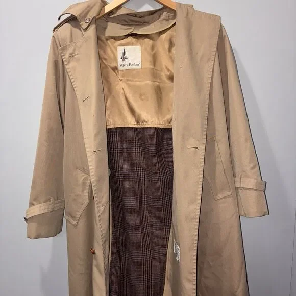Vintage Union Made Misty Harbor Petite 4 Trench Coat Tan Plaid Lined Belted - Picture 13 of 16